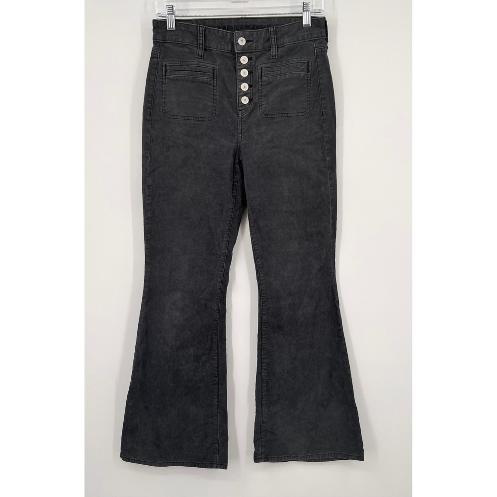 American Eagle Super High‎ Rise Flare Corduroy Pants Black Button Fly Size 4 Reg